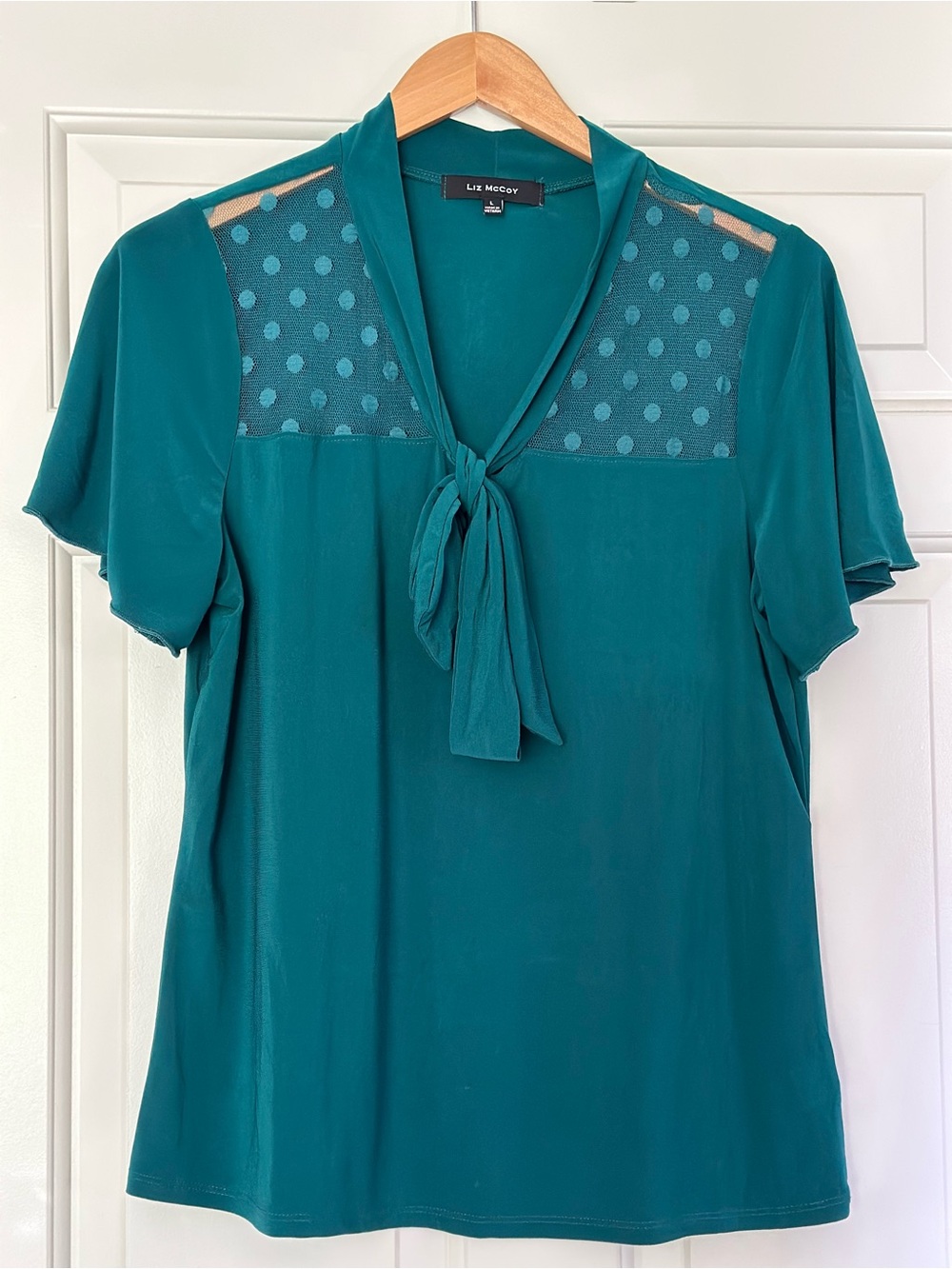 Mccoy Teal Tie-Neck Short Sleeve Blouse with Polka Dot Mesh Yoke